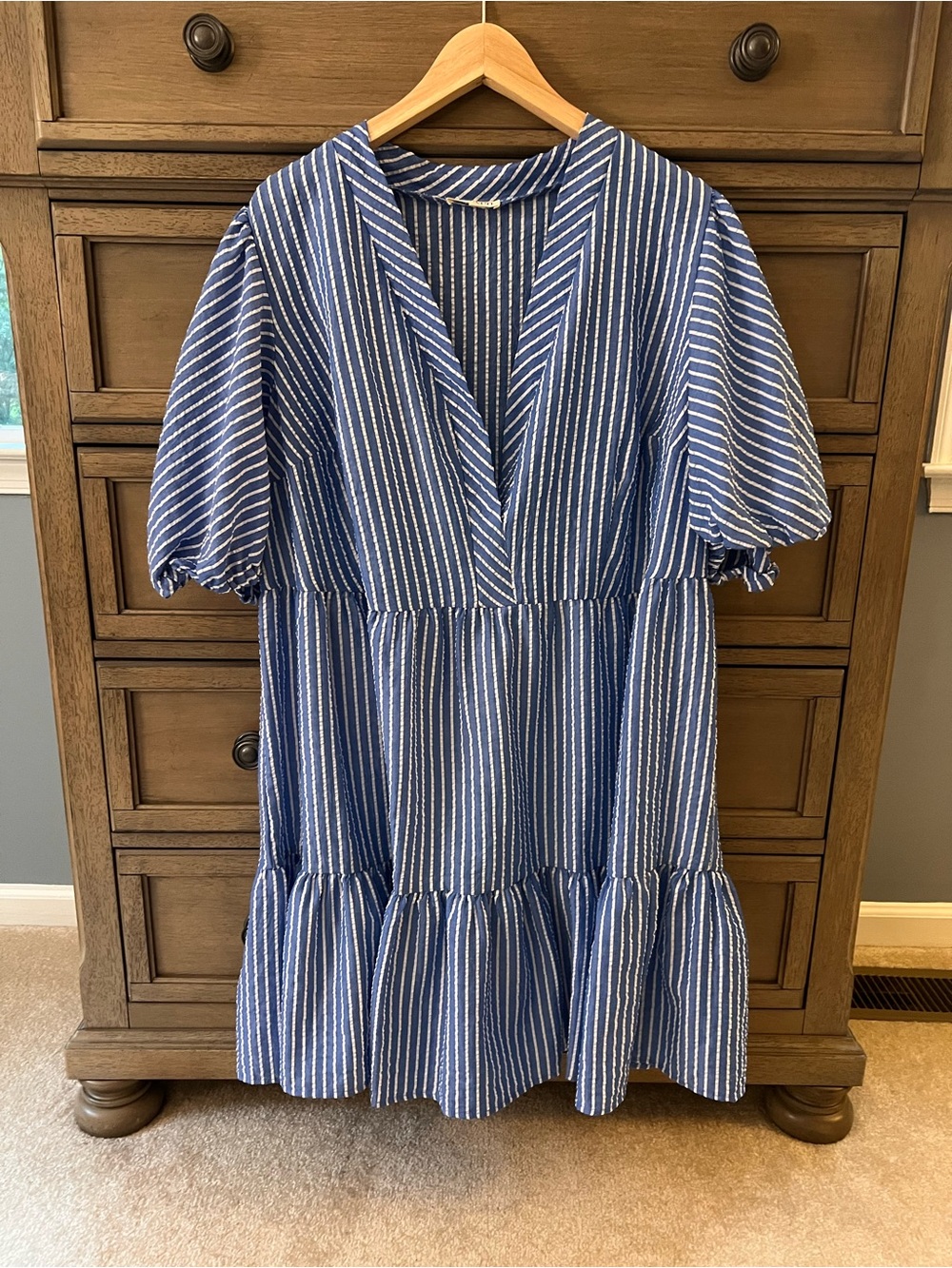 Striped V-Neck Swim Coverup in Blue and White